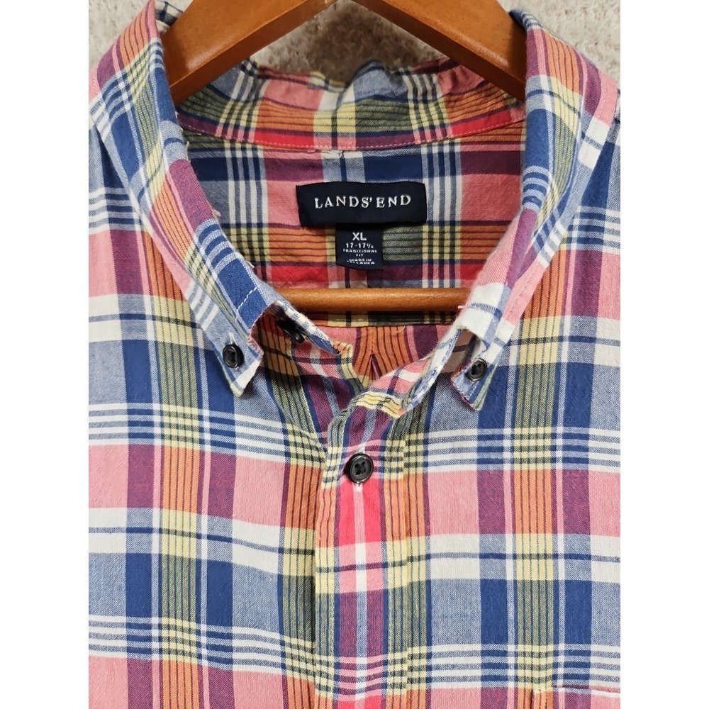 Lands End Mens  Spring  Plaid Short Sleeve Button Down Shirt  Xl 17-17 1/2